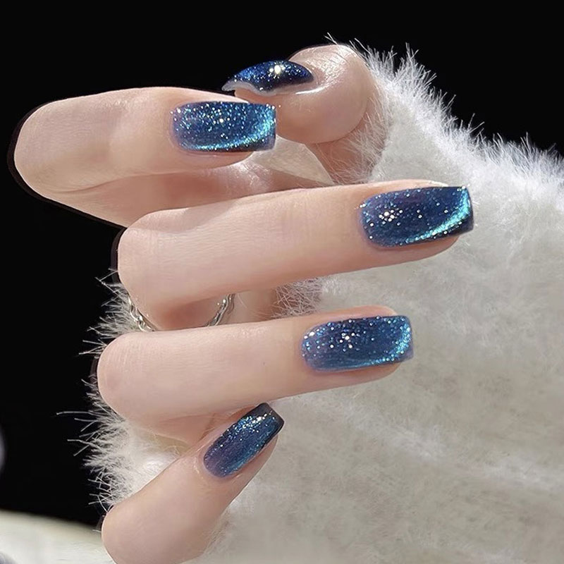 藍黑色晶石貓眼光療穿戴甲貼