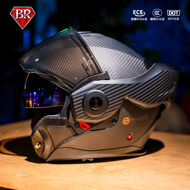 BR摩托车碳纤维头盔后空翻揭面盔双镜片男士秋冬机车全盔2025新款