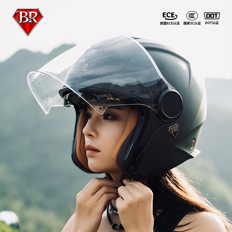 BR碳纤维四分之三头盔摩托车半盔复古超轻双镜片男女骑行四季通用