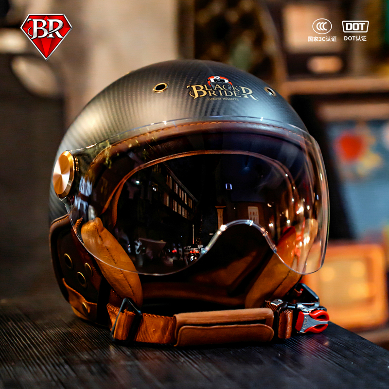 BR碳纤维摩托车头盔超轻半盔复古哈雷巡航男女电动车四季2025新款