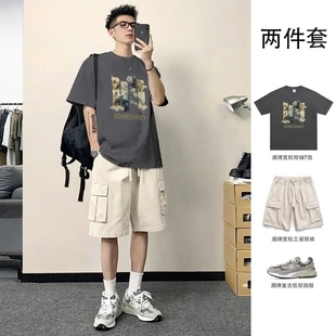 T恤男寬松工裝 夏季 搭配中國(guó)風(fēng)山水畫(huà)印花純棉短袖 短褲 套裝 兩件套