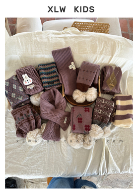 皮紫色系~撞色冬季韩版INS风儿童围巾男女宝宝加厚保暖针织围脖潮