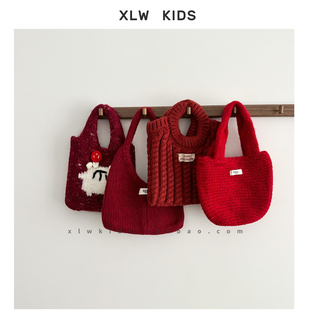 红色系~韩系针织编织手提包女童卡通小包包新年款百搭洋气毛线包