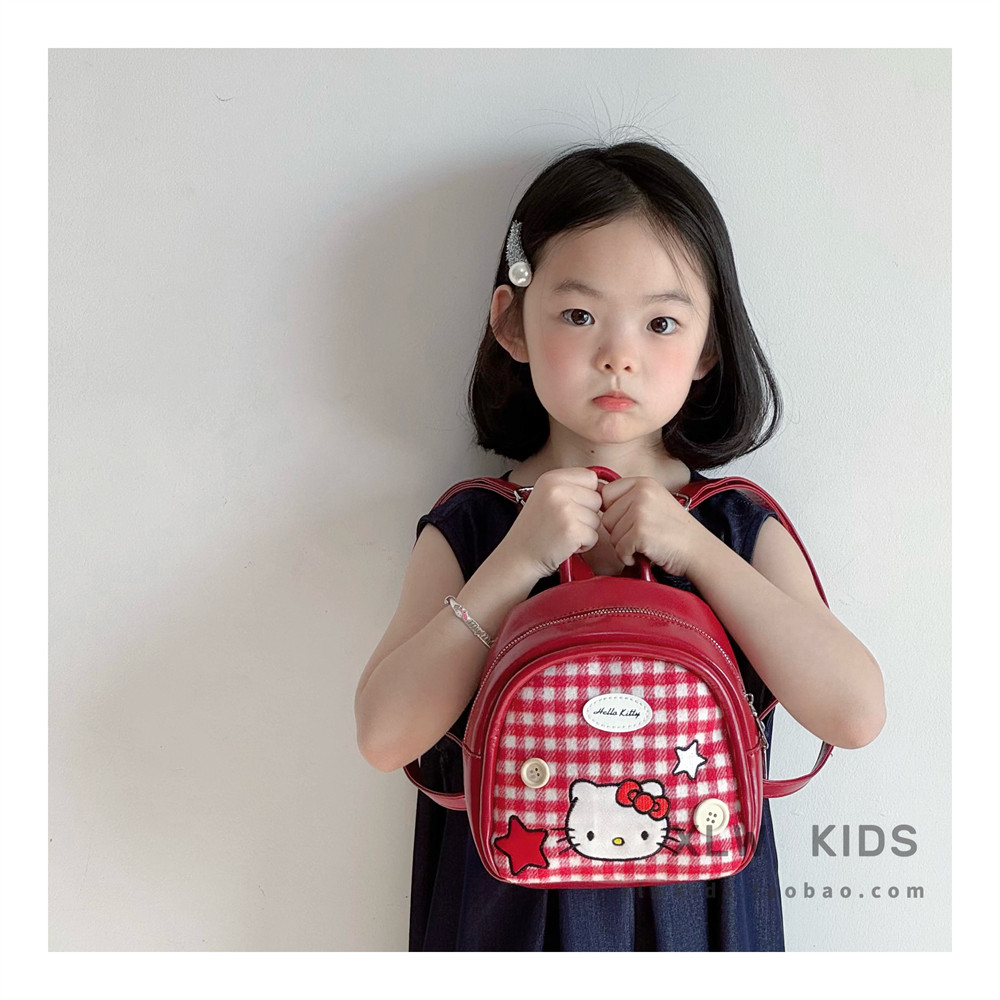 韩版卡通可爱kt猫双肩包儿童小包女宝时尚质感百搭格纹手提小背包