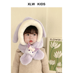 ins风卡通兔子儿童毛绒帽围巾一体帽婴儿加绒秋冬男女童保暖帽子