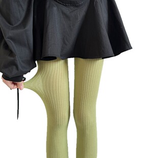 秋冬高智感时髦针织设计感竖纹OL风潮流保暖格雷系微透打底连裤 袜