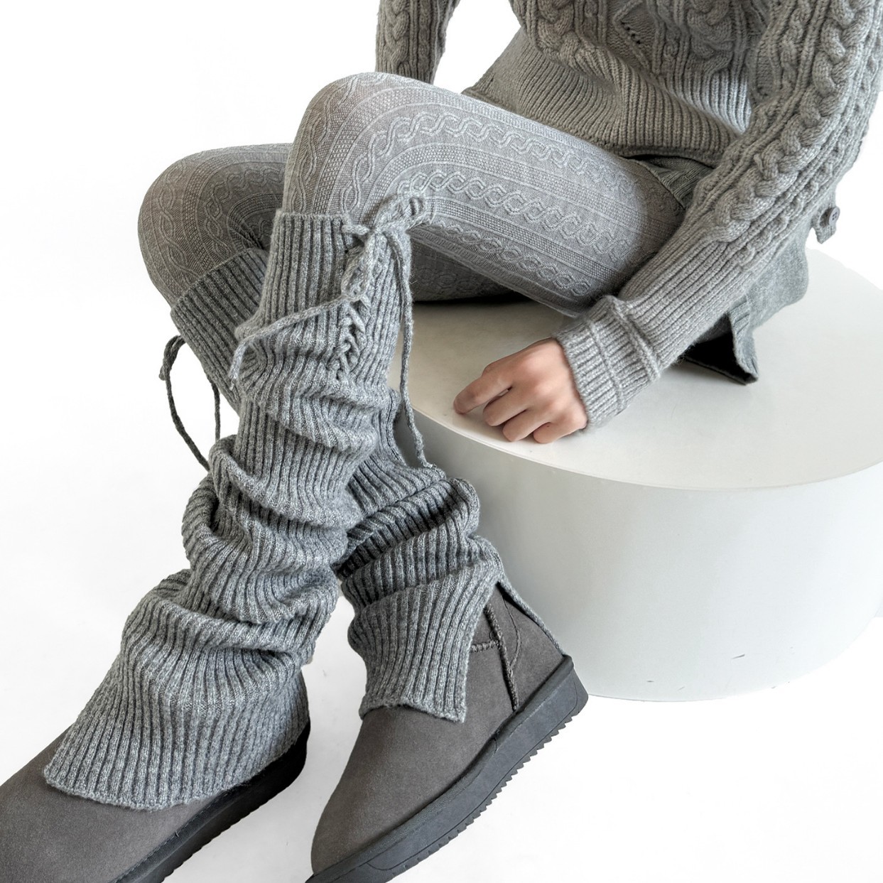 秋冬miu系个性绑带开叉针织袜套羊毛保暖显瘦堆堆护膝时尚腿套女