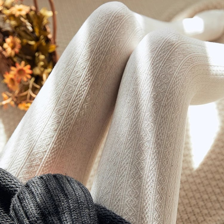 复古针织竖条麻花纹棉连裤袜