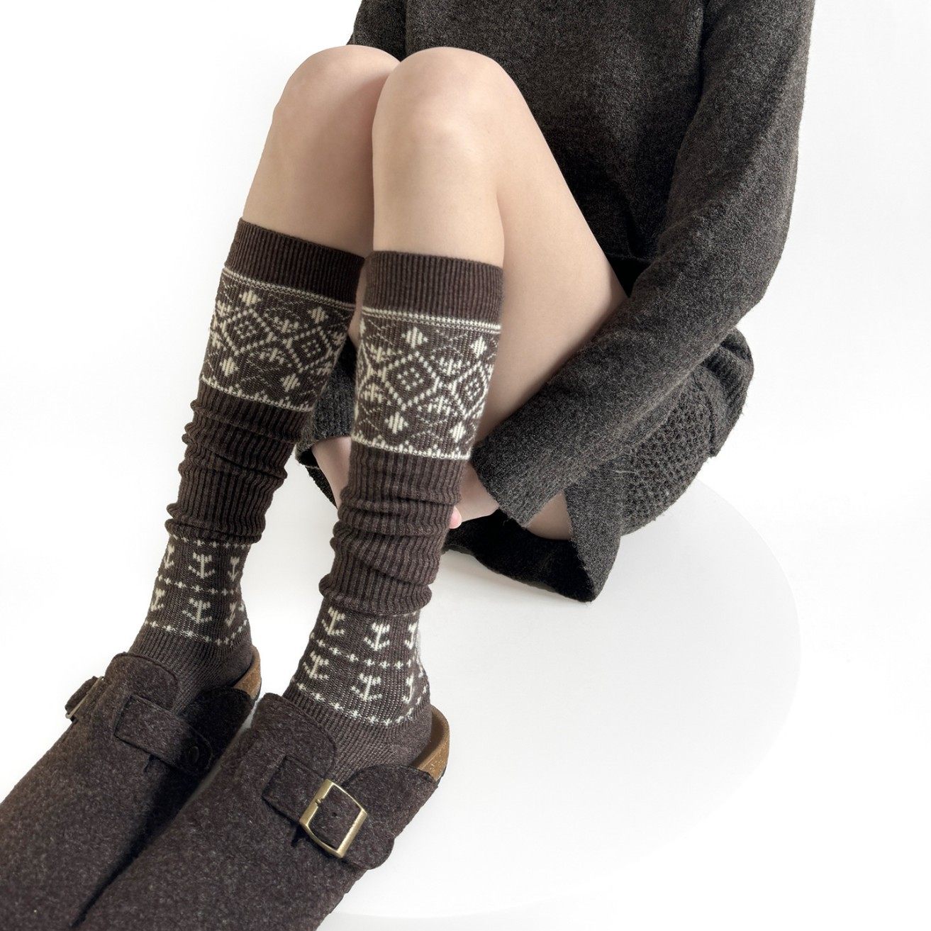 秋冬费尔岛羊毛保暖显瘦堆堆小腿袜女咖色菱格拼接复古针织长筒袜,女士内衣/男士内衣/家居服,长筒袜,淘宝优惠券,粉丝福利购,淘宝优惠卷