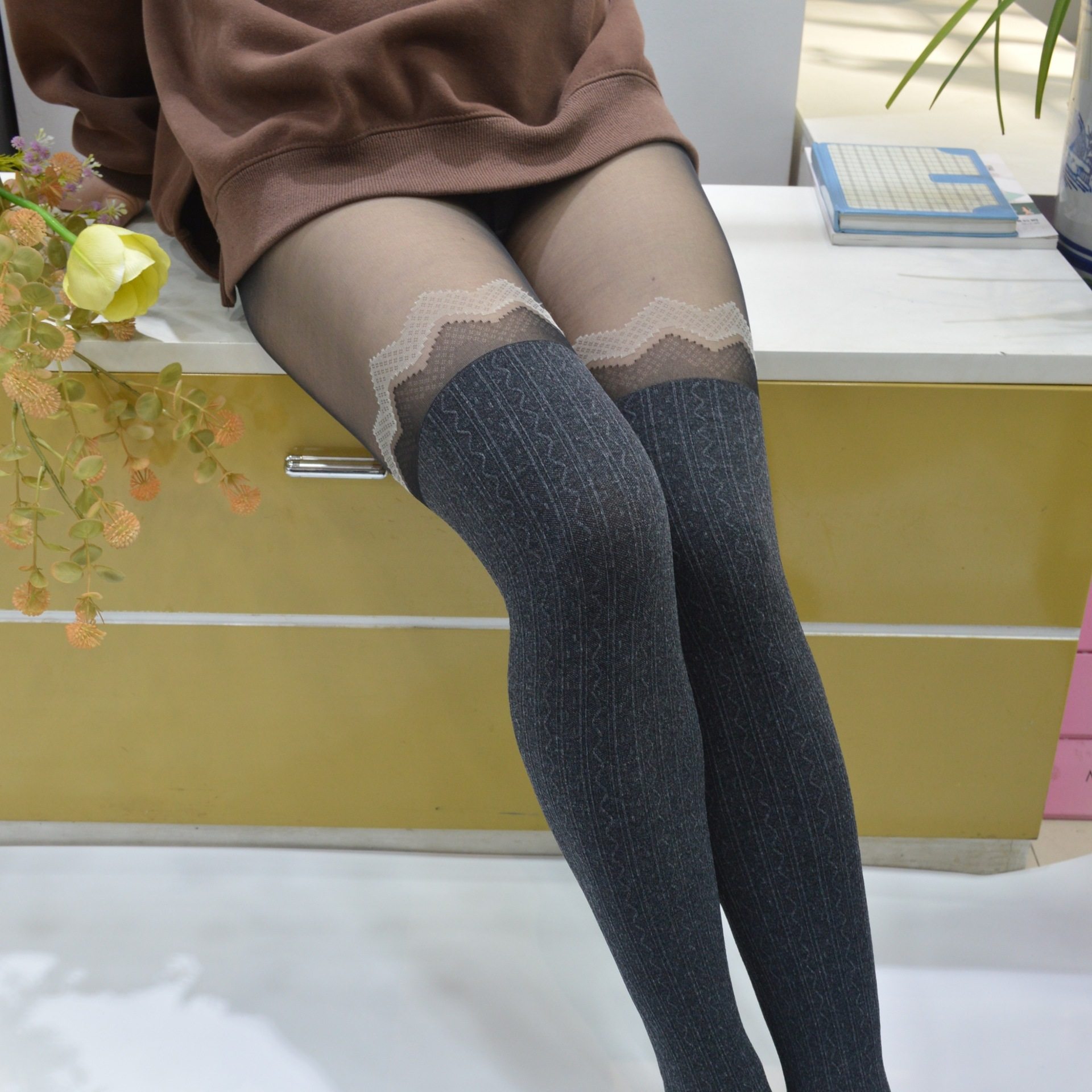 格蕾系miu系拼接设计感高冷风打底裤女蕾丝提花假高筒花边连裤袜,女士内衣/男士内衣/家居服,连裤袜/打底袜,淘宝优惠券,粉丝福利购,淘宝优惠卷