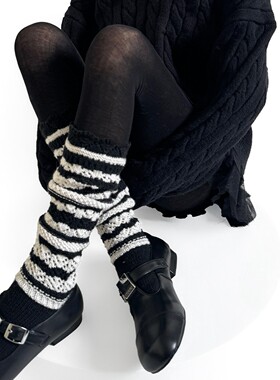 秋冬设计感个性撞色条纹小腿袜叠穿保暖羊毛韩版拼色深灰色堆堆袜