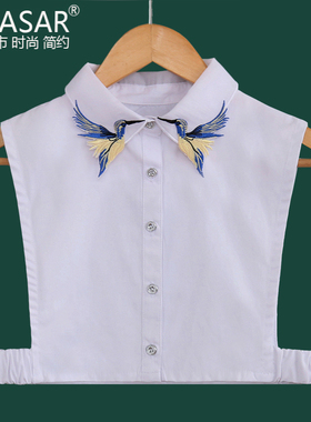 Quasar秋冬刺绣飞鸟女士衬衫假领女欧根纱假领白衬衣领装饰领包邮