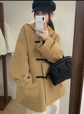 美拉德橘黄色人字纹牛角扣连帽双面羊绒大衣女宽松中长款羊毛外套
