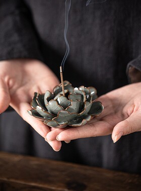 创意手工线香插莲花牡丹花香插室内陶瓷复古线香底座香器茶道摆件