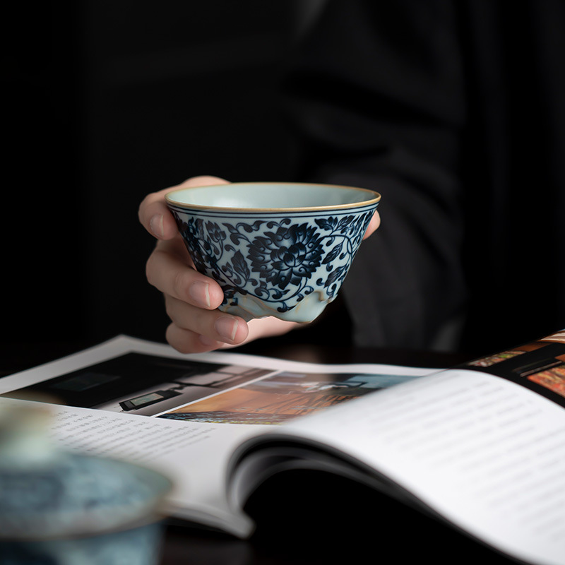 天青汝窑青花缠枝莲开片主人茶杯