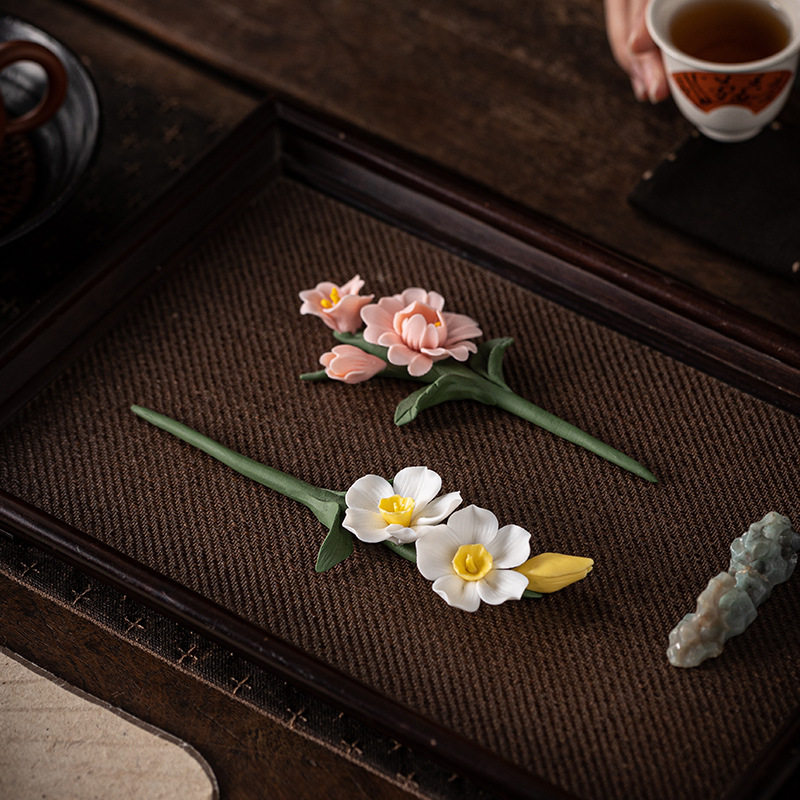 陶瓷手工牡丹花水仙花捏花花枝仿真花家居茶台书房花瓶花插永生花