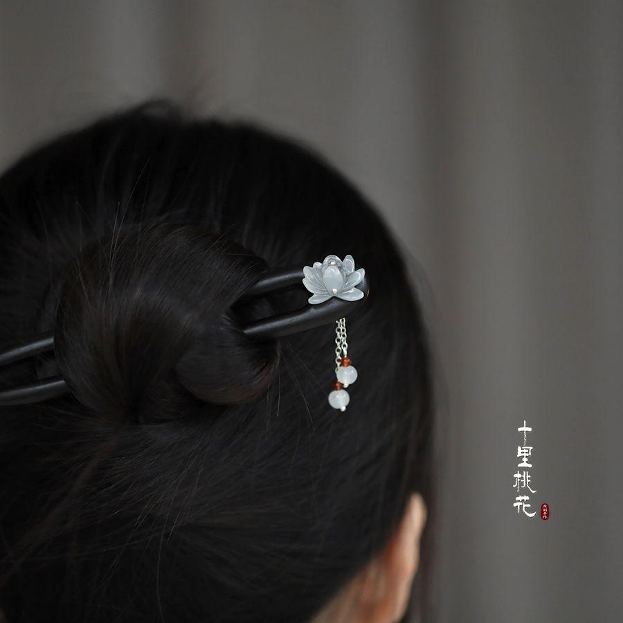 原创芙蓉花U型黑檀木流苏高级发簪子简约古风日常盘发女旗袍神棍
