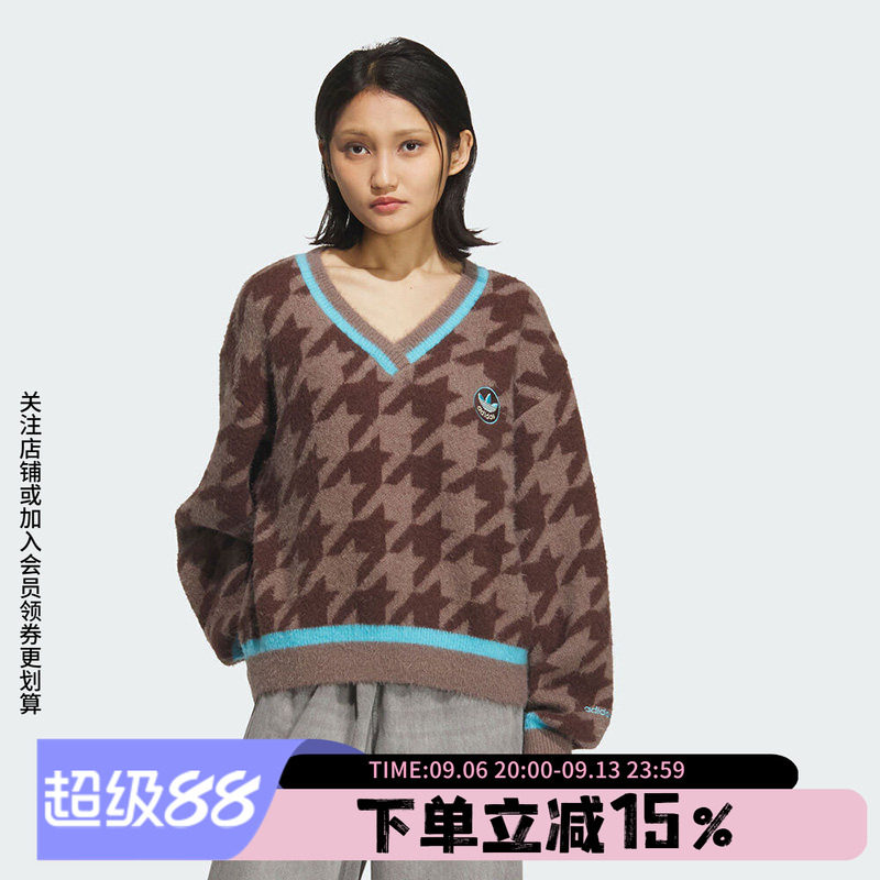 阿迪达斯三叶草女装秋季新款休闲运动V领针织毛衣套头衫KC2688