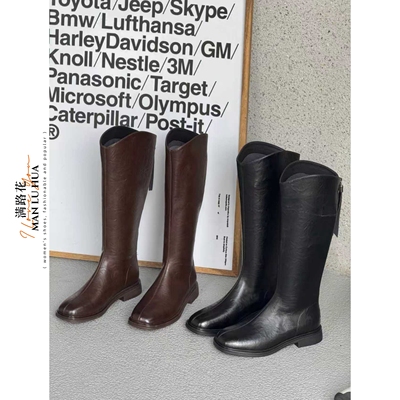 2025新款真皮女靴圆头平底长筒靴骑士靴秋冬软底舒适加绒长靴高筒