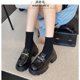 小个子 粗跟高跟一脚蹬乐福鞋 厚底增高小皮鞋 女亮皮英伦风2025新款