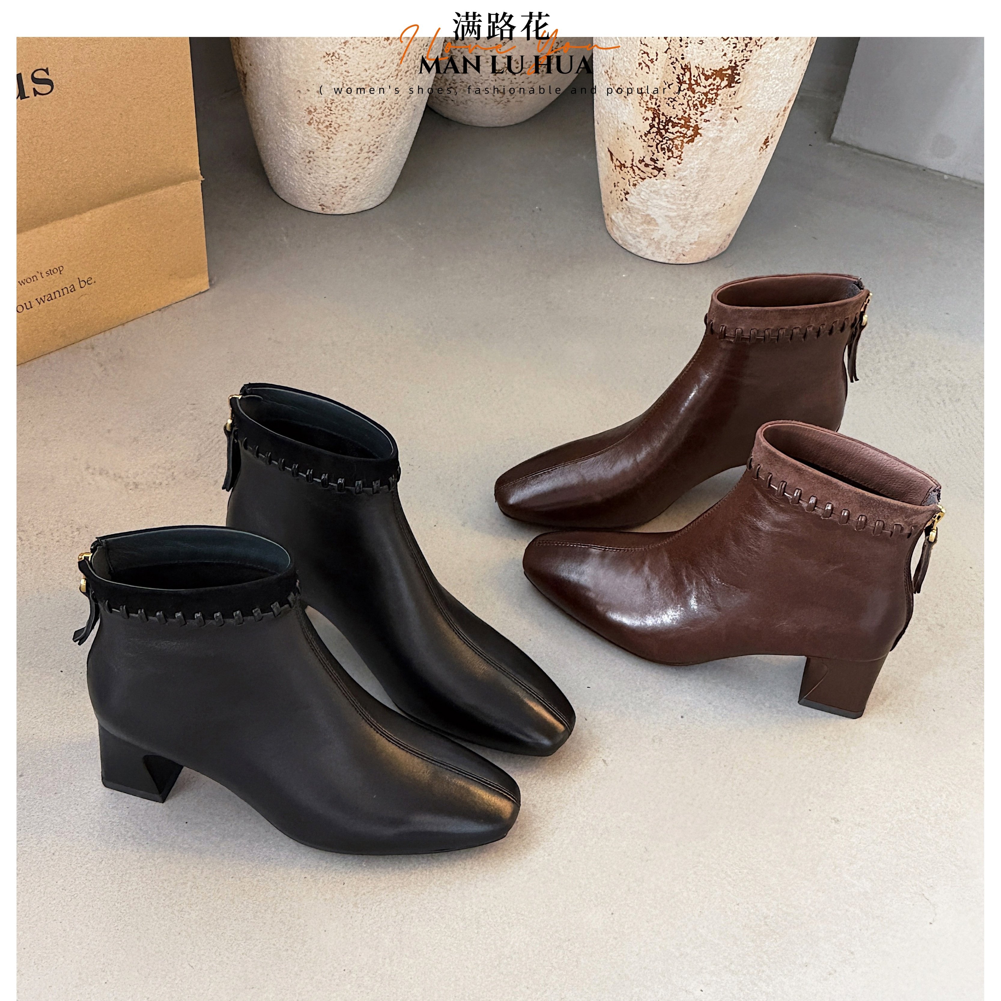 头层羊皮时装靴短靴女真皮粗跟高跟加绒保暖冬季新款气质小方头,女鞋,时装靴,淘宝优惠券,粉丝福利购,淘宝优惠卷