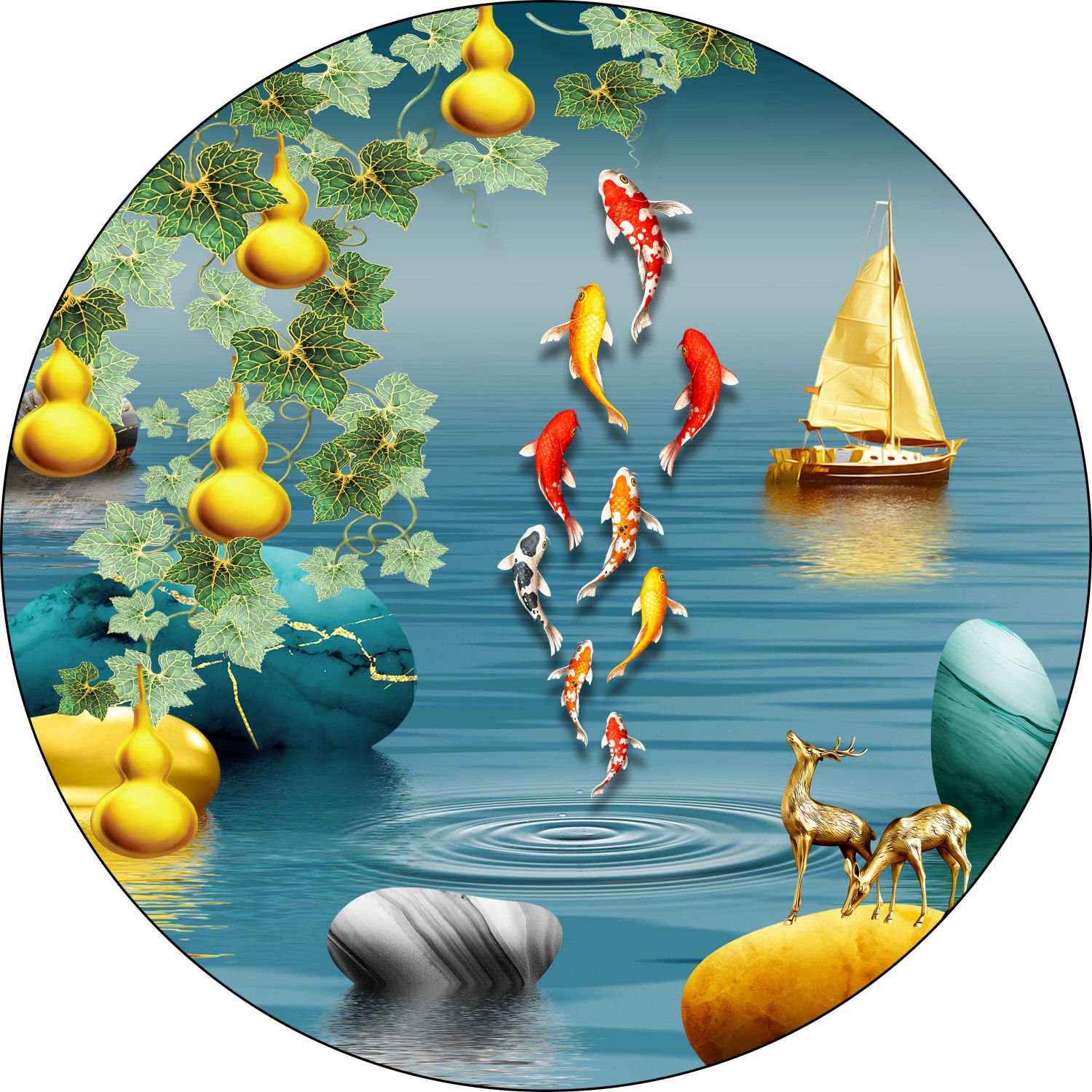 九鱼图墙上圆形贴画自粘画简约现代装饰画餐厅过道玄关招财画防水图片