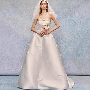 高定新娘主婚纱复古高级质感高定订婚裙抹胸缎面婚纱法式气质礼服