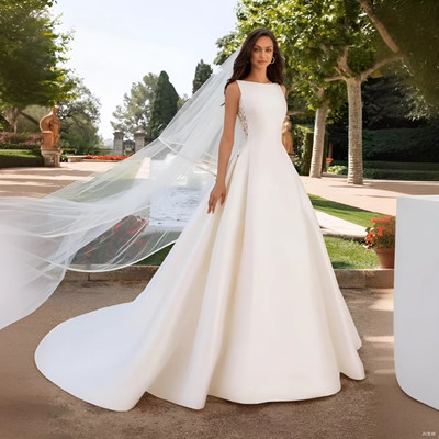 缎面主婚纱新娘2025新款法式在逃公主一字肩小个子拖尾出门纱拖尾