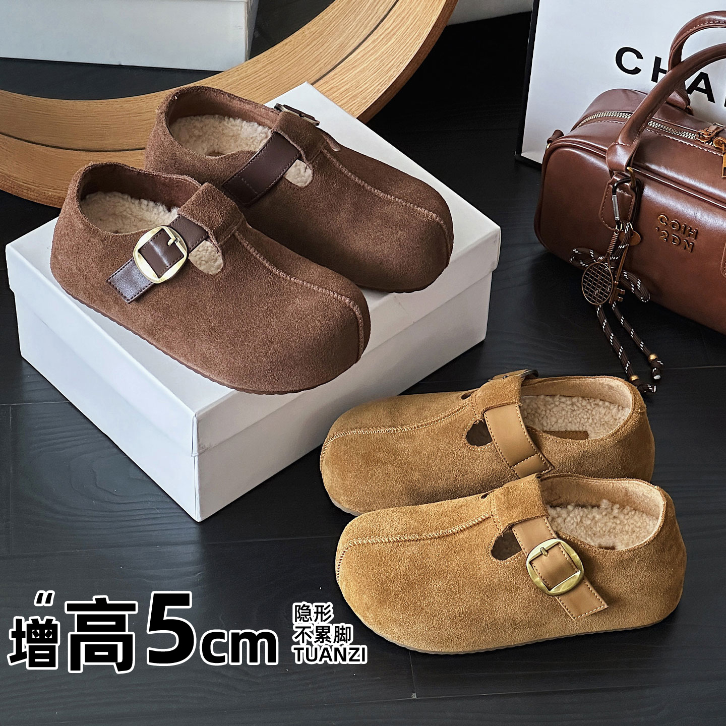 牛皮版复古勃肯鞋女2025新款秋冬加绒保暖棉鞋厚底增高休闲单鞋