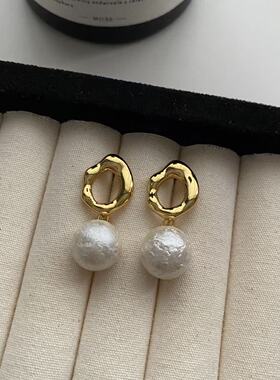 法式复古棉花珠耳钉s925银针几何圈圈耳坠轻奢时尚感气质耳饰