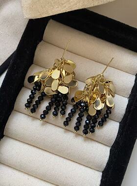 中古vintage金属亮片手作串珠流苏耳坠925银针气质长款仙女风耳饰