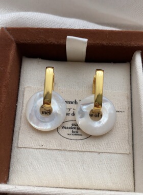 圆形天然贝母圆圈耳环耳扣简约小众中国风平安扣耳饰独特精致