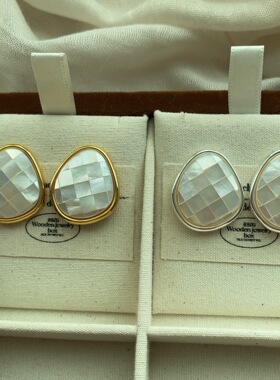 椭圆形经典贝壳耳钉耳环复古轻奢气质百搭小众棋盘格拼贴时尚精致