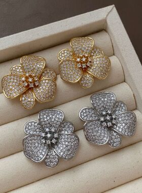 千金风重工满镶金属花朵耳钉银针感气质轻奢欧美跨境款耳饰女