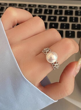 s925纯银施家珍珠蕾丝戒指女简约小众设计个性冷淡风食指戒开口