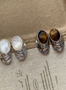 ins风小众金属镶嵌天然贝母虎眼石耳钉925银针时髦感气质耳饰