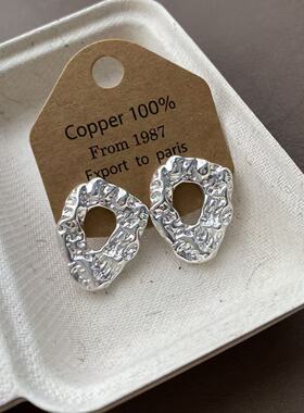 ins风时髦铜镀厚银金属锤纹耳钉925银针冷淡风感气质百搭耳饰