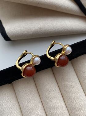 法式复古红玛瑙珍珠耳扣耳钉小众设计感精致时尚百搭气质耳饰
