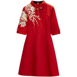 RM20600#大码刺绣复古立领胖mm日常喜庆红色长袖旗袍连衣裙a型