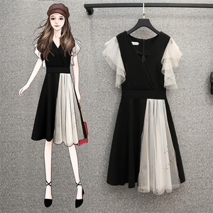 RM12438#胖MM网纱拼接气质修身显瘦连衣裙