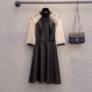 RM20601#大码套头网纱拼接套头拼接圆领纯色中腰a字裙