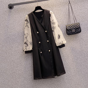 RM20602#早秋大码女装时尚修身纽扣修身套头蝴蝶网纱拼接连衣裙