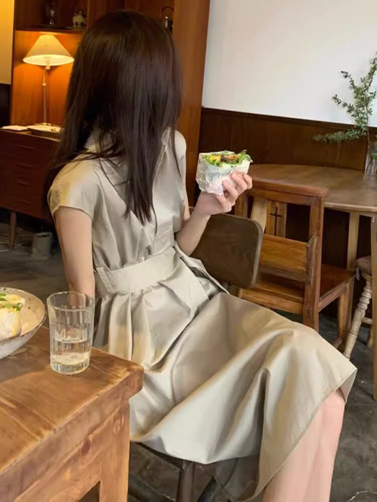 GROVE FOREVER 새 여름 여성 프렌치 레트로 롱 스커트 따뜻한 허리 슬림 셔츠 드레스