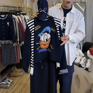 韩版时尚套装女春秋2024新款长袖重工刺绣卡通鸭卫衣短裙两件套潮