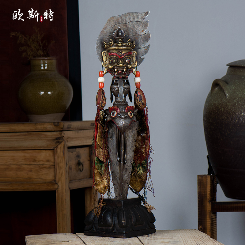 欧斯特尼泊尔铁做旧飘带普巴金刚宝橛带底座家用佛具金刚宝杵59cm