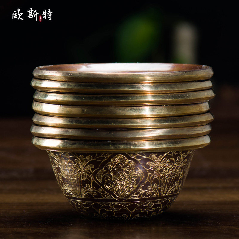 欧斯特 尼泊尔圣水杯 紫铜镀金手工雕花供水碗 供水杯财神净水杯