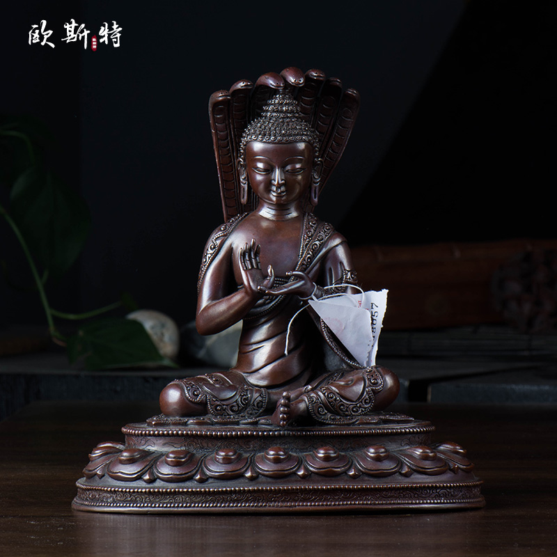 家居客厅摆件 尼泊尔紫铜手工雕花龙猛 龙胜 龙树菩萨铜像