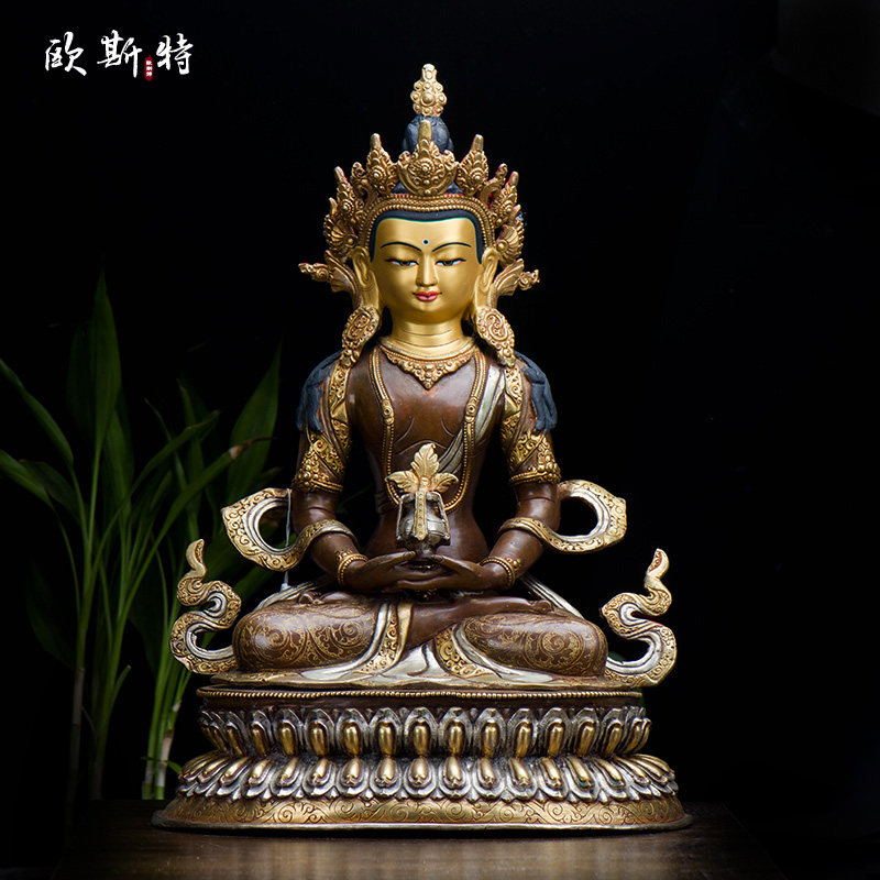 常寿佛中式摆件 15寸尼泊尔手工制作铜鎏金鎏银 无量寿佛家居用品