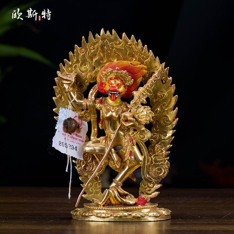 尼泊尔铜鎏金《狮面空行母铜像》摆件客厅家居玄关像装饰用品5寸