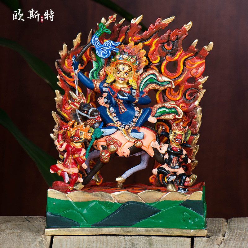 欧斯特 吉祥天母 尼泊尔铜鎏金彩绘铜像7寸西藏家居客厅神像摆件